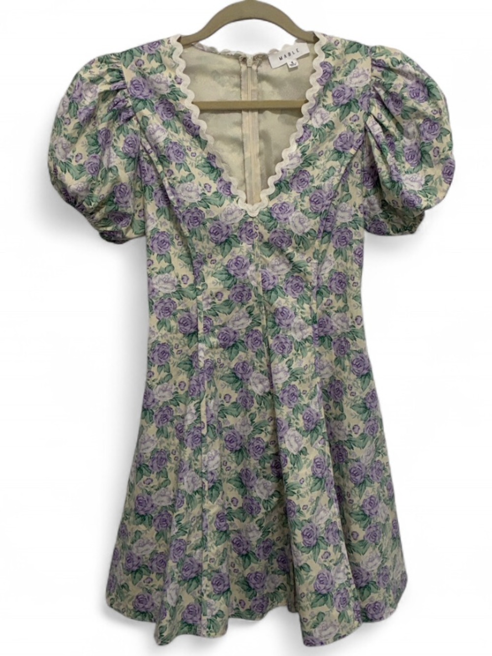 MABLE Purple and Cream Floral Puff-Sleeve Mini Dress